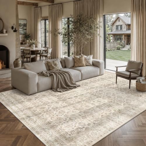 JOOJA 9x12 Beige Vintage Floral Low Pile Non Slip Washable Neutral Area Rug by JOOJA