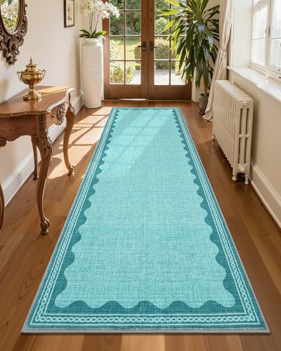 GarveeHome Scalloped Teal 2x6 Runner Rug for Hallway Washable Kitchen Rugs Non Slip Solid Modern Soft Low-Pile Indoor Carpet for Entryway Laundry Room Floor Mats TPE Backing - Image 3