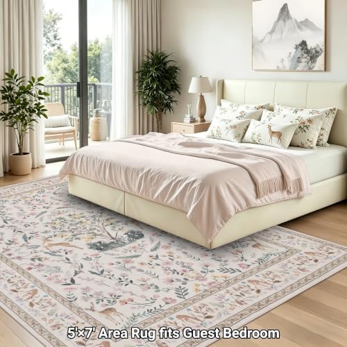 RCTJHOME 5x7 Beige Floral Nursery Kids Washable Area Rug Non-Slip Carpet - Image 3