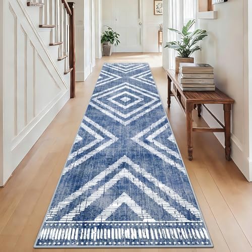 2x10Ft Boho Hallway Runner Rugs Non Slip, Blue Geometric Washable Rug Runners for Kitchen, Soft Low Pile Modern Farmhouse Entryway Floor Carpets for Entrance Doorway Bedroom Home Decor by Geanlod
