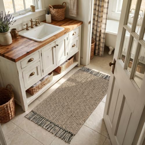 Collive 2' x 4.3' Boho Kitchen Runner Rug, Natural/Black Bathroom Rug - Image 3