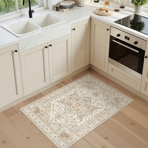 2x3 Entryway Rug Washable Area Rug, Small Vintage Door Mat Gold - Image 2