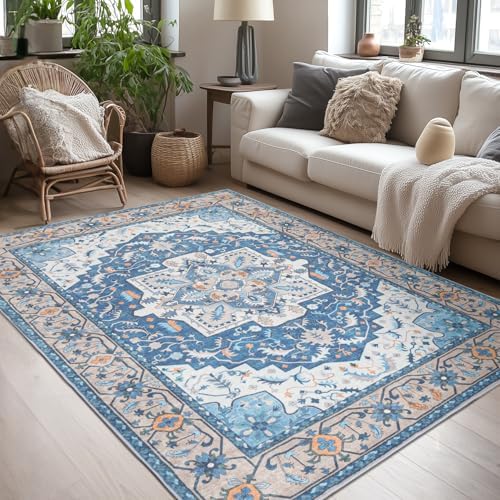 Lessymo Washable Area Rugs 6 x 9 for Living Room,Soft Non Slip Blue Brown by Lessymo
