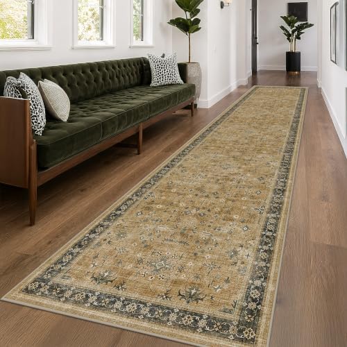 Hazo Haus Boho Washable 3x16 Extra Long Hallway Runner Rug, Large Kitchen Floor Rug Indoor, Non-Slip Stain & Fade Resistant, Vintage Rustic Brown and Charcoal Olive Décor by HazoHaus