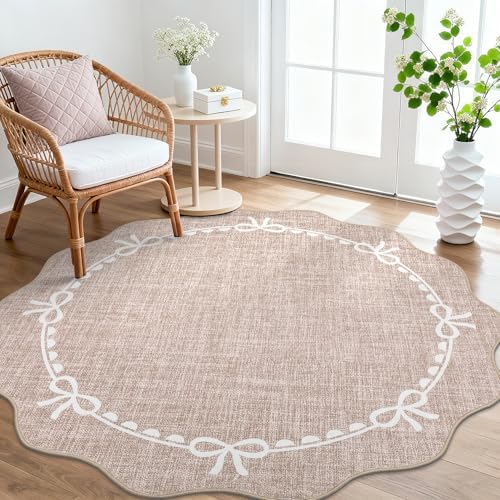 GarveeHome 5ft Round Rugs Washable Scalloped Bow Rug for Bedroom, Camel - Image 2