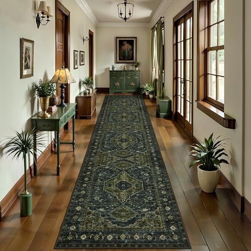 Tangsoo Oriental 2.6x12 Washable Hallway Runner Rug,Green Non Slip Long Rug by Tangsoo