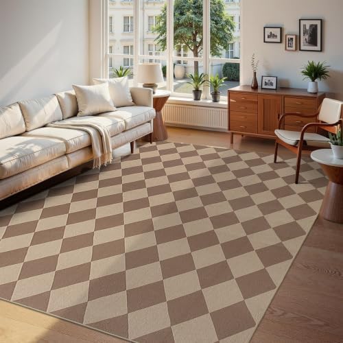 8x10 Checkered Easy Jute Washable Rug for Living Room Indoor Outdoor Geometric Non Slip Carpet for Under Table Neutral Rugs for Backyard Patio Dining Room Office by Zeeinx