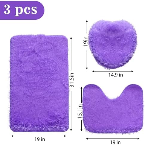 Purple Bathroom Rugs Sets 3Piece Bath Mat Solid Bath Rug Floor Mats Washable Shower Rug with U-Shaped Contour Rug Toilet Lid Cover - Image 2