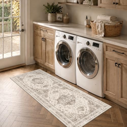 2x6 Washable Kitchen Runner Rug Non-Slip Medallion Taupe Throw Carpet - Image 4