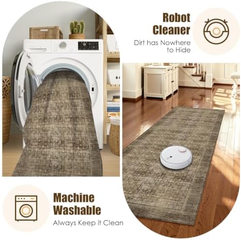 Washable Area Rug 2'6'' x 8' Vintage Traditional Persian Mat - Foldable Distressed Non-Slip Machine Washable Carpet for Living Room Bedroom Kitchen Home Decor - Mocha and Taupe - Image 7