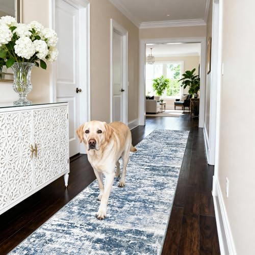 Modern Hallway Runner Rug 2x8, Textured Non Slip Carpet Runner, Blue - Image 2