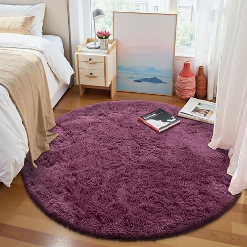 OLANLY Burgundy Round Rugs for Bedroom - Machine Washable, 5 ft Circle Area Rugs for Living Room, Soft and Fluffy Shaggy Carpet for Teen Girls and Boys, Nursery Rooms, Dorms, Home Decor Aesthetic - Image 2