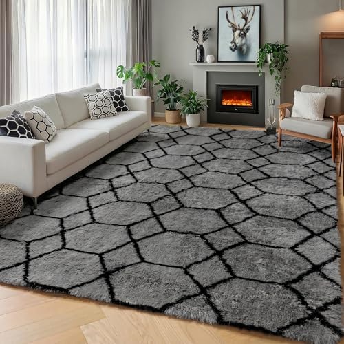5x7 Area Rugs for Living Room Bedroom, Fluffy Grey and Black Geometric Rug by ONASAR