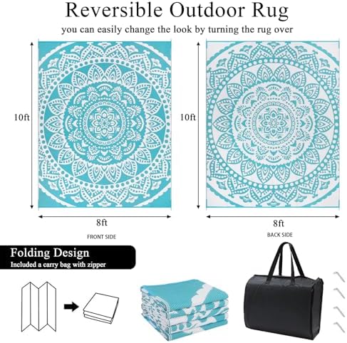 Bsmathom Waterproof Outdoor Rug 8'x10' Reversible Boho Plastic Straw Patio Deck Camping Rugs, Indoor Outdoor Portable RV Mat Clearance Carpet for Outside, Porch, Balcony, Backyard, Beach, Flower Teal - Image 2