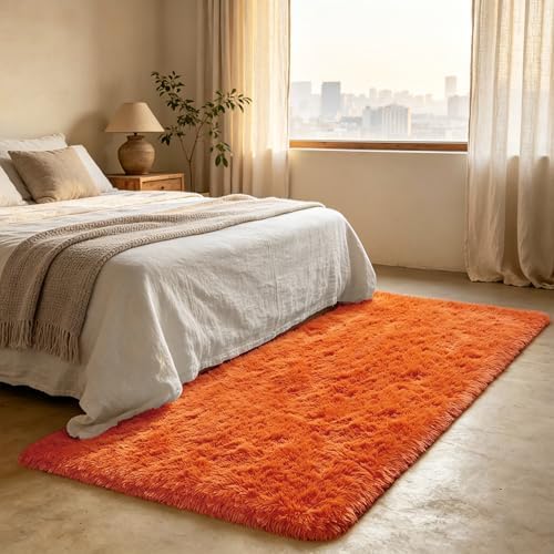 Shag Runner Rug for Bedroom Living Room 2x6 Upgrade Non-Slip Fluffy Soft Bedside Rugs,Orange Shaggy Carpet for Livingroom Dorm Home Decor Aesthetic - Image 3