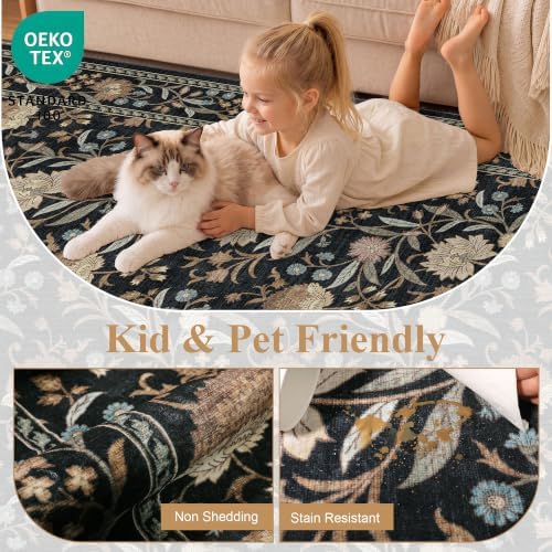 DUKINO 2x3 Rug, Washable Vintage Floral Bathroom Rugs Non Slip, Black - Image 4