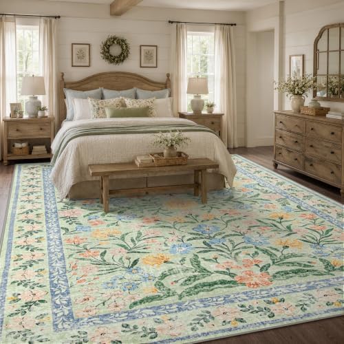 Wonnitar 10x14 Machine Washable Area Rugs, Green Floral Large Rugs for Living Room, Ultra-Thin Foldable Boho Flower Print Bedroom Carpet for Dorm Apartment Office - Image 5