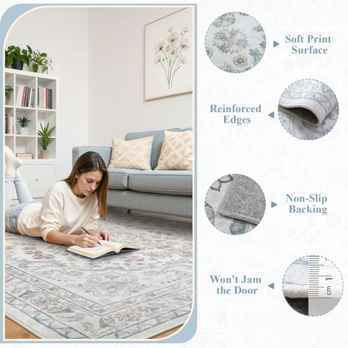 Wonnitar 5x7 Washable Area Rugs, Blue Vintage Floral Rug for Bedroom Decor, Soft Cozy Low Pile Non-Slip Boho Floor Carpet for Living Room Kids Room Office Indoor Décor - Image 5
