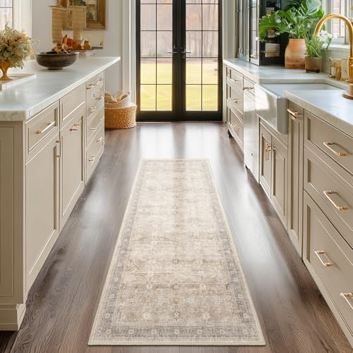 Beige Neutral 2x6 Runner Rug for Hallways Entryway, Vintage Earth Tone Kitchen Bathroom Runner 6ft, Non Slip Washable Low Pile Thin Carpet Runner for Mudroom/Laundry Room/Bedroom Bedside - Image 3