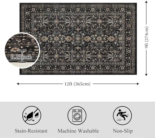 Ruaruarug Washable Area Rug 9×12 for Living Room, Ultra Soft, Black Grey - Image 2