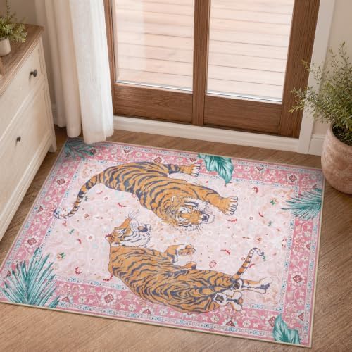 Moynesa Pink Tiger 2x3 Entryway Rug, Washable Boho Rug for Girls Bedroom by Moynesa