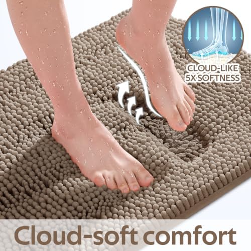 ACCUMTEK Striped Dark Beige Toilet Bathroom Rug Mat Set 2 piece Rug Ultra Soft, Non Slip Chenille Bath Rugs, Absorbent Plush Shaggy Bath Mats for Bathroom, Bedroom, Kitchen, Shower, Tub,Taupe - Image 4