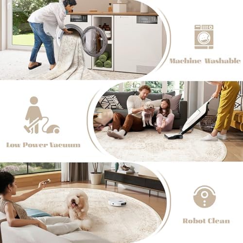 Round Rugs 5ft Washable Rug, Vintage Boho Medallion Rugs Non-Slip Soft Low Pile Circle Distressed Rug Indoor Retro Carpet for Living Room Bedroom Dining Room Home Office (Beige, 5' Round) - Image 6
