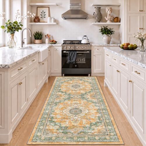 2x6 Boho Washable Runner Area Rugs, Non Slip Foldable Carpets, Green Orange by tubeamin