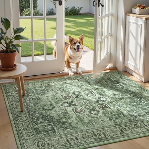 Sage Green Vintage 3x5 Entryway Rug, Vintage Farmhouse Boho Carpet - Image 2