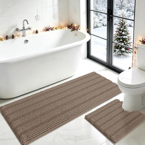ACCUMTEK Striped Dark Beige Toilet Bathroom Rug Mat Set 2 piece Rug Ultra Soft, Non Slip Chenille Bath Rugs, Absorbent Plush Shaggy Bath Mats for Bathroom, Bedroom, Kitchen, Shower, Tub,Taupe by ACCUMTEK