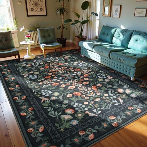 Lahome Black Floral Washable Area Rug 9x12, Extra Large Botanical Carpet - Image 3