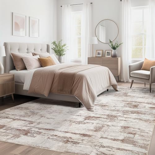 kakania Abstract 9x12 Area Rugs for Living Room: Washable Rugs Light Brown - Image 3