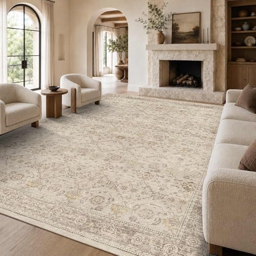 9x12 Washable Boho Area Rug, Beige Farmhouse for Living Room Carpet by LULLOSA