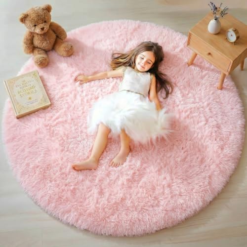 ONASAR Light Pink Round Area Rugs 5ft for Bedroom Living Room, Fluffy Circle Rug for Kids Girls Boys Teen, Soft Plush Shaggy Carpet for Nursery Dorm Classroom Playroom Home Decor Aesthetic - Image 3