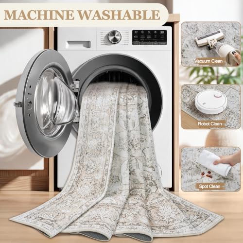 8x10 Washable Area Rugs for Living Room Beige White Non-Slip Rug - Image 5