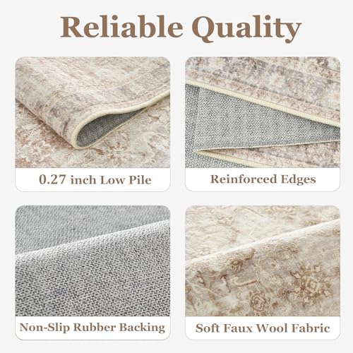 Beige Neutral 2x6 Runner Rug for Hallways Entryway, Vintage Earth Tone Kitchen Bathroom Runner 6ft, Non Slip Washable Low Pile Thin Carpet Runner for Mudroom/Laundry Room/Bedroom Bedside - Image 6