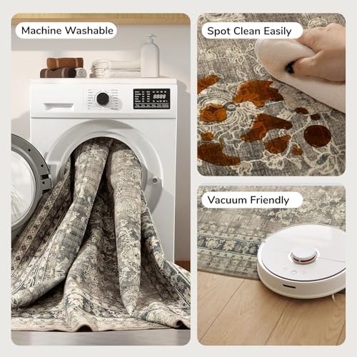 Lessymo Runner Rugs 2x6 ft, Vintage Brown Machine Washable Rug for Hallway Kitchen Bedroom, Non Slip Low Pile Soft Long Area Rug, Distressed Boho Floral Accent Carpet - Image 4