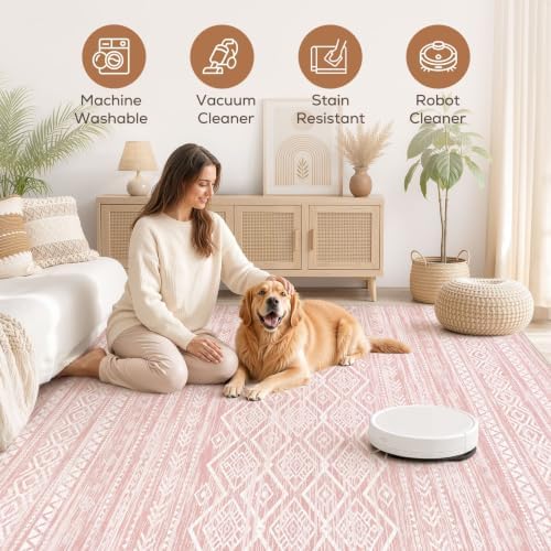 Nakagishi Boho 8x10 Area Rug Living Room Rugs Machine Washable Pink - Image 3