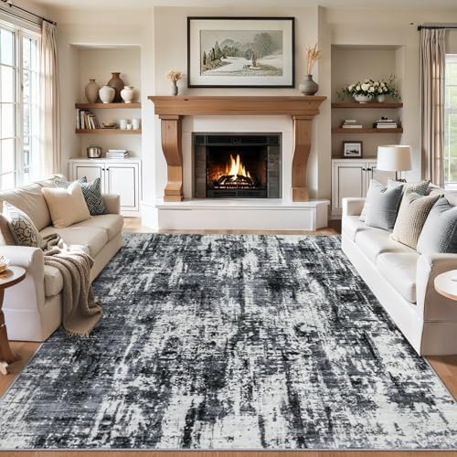 PLHXFR 9x12 Area Rug Living Room: Modern Abstract Washable Carpet Black by PLHXFRSoftAreaRugs