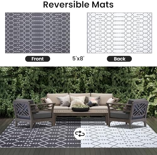 Smiry Outdoor Rug 5x8 ft Waterproof Reversible Boho Mat, Grey - Image 3