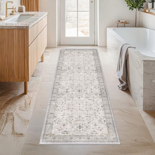 Hazo Haus Washable Light Gray & Sage 2'6"x8' Wide Runner Rugs for Kitchen, Boho Bathroom Rug, Non-Slip & Stain Resistant Long Floor Hallway Rug, Vintage Neutral Floral Décor - Image 3