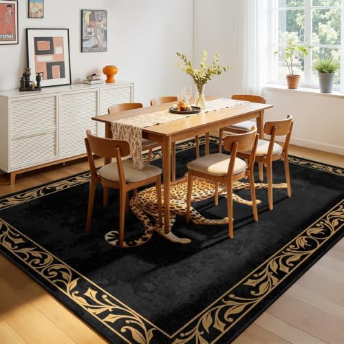 Black Leopard Area Rug 5x6 Luxury Vintage Washable Floor Mat - Image 3