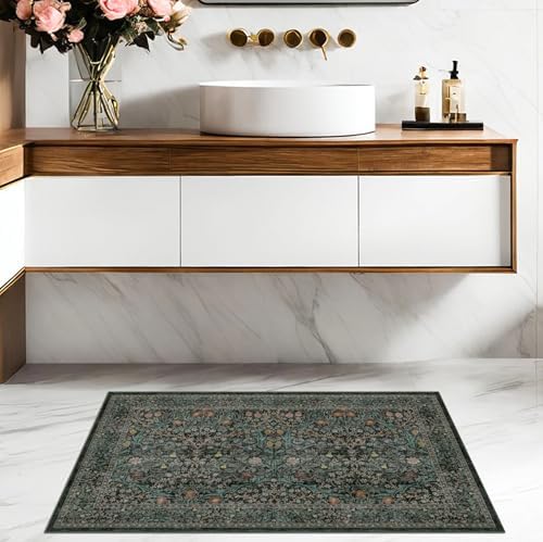 Dark Green Washable Entry Rug - Front Door Throw Rugs Indoor, Non-Slip Bathroom Small Rugs, Vintage Floral Thin Rug for Kitchen, Boho Entryway Décor (2x3 Dark Green) - Image 3