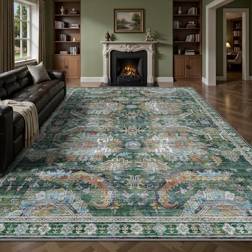 9x12 Area Rug, Vintage Retro Soft Washable Rug, Non-Slip Low Pile Rugs for Living Room, Bedroom, Dining Room, Stain Resistant Home Decor Rug (Green) by Yarooge