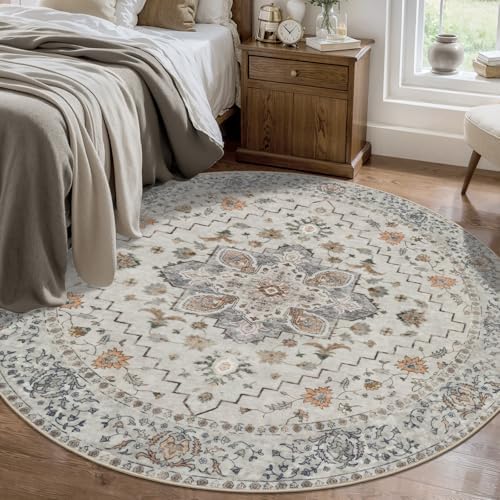 Tangsoo Washable Round Area Rugs 5ft, Vintage Non Slip Circle Rug Low Pile by Tangsoo