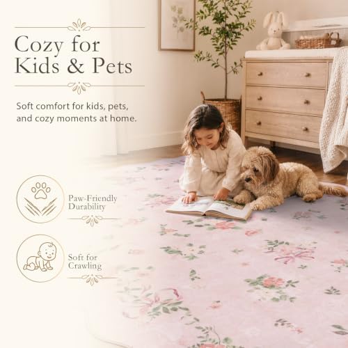 Wonnitar Pink Bow Floral Bedroom Rug, 4x6 Area Rug for Baby Girl Nursery - Image 4