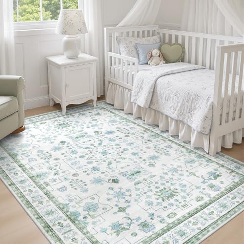 DCX Green Washable 4x6 Rug, Vintage Boho Floral Rug - Image 3