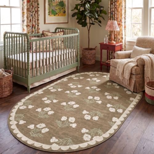5x8 Living Room Oval Rug - Tan Floral Scalloped Bedroom Area Rug - Image 6