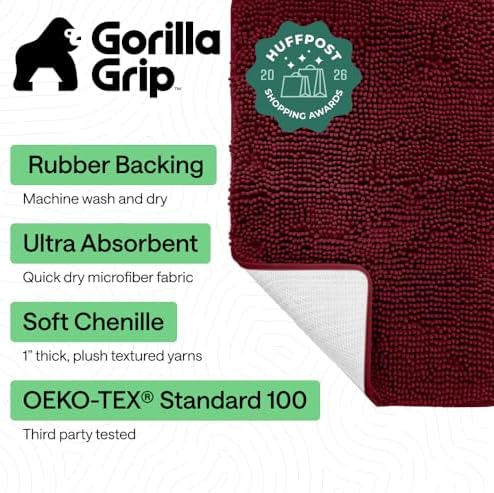GORILLA GRIP Bath Rug Mat for Bathroom, Absorbent Chenille, 24x17 Burgundy - Image 2