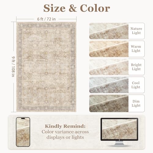 Beige Taupe Area Rug 6x9, Vintage Neutral Earth Tone Rugs for Living Room Bedroom, Washable Non Slip Low Pile Thin Carpet Rug for Dining Room Playroom Guest Room Home Office - Image 2